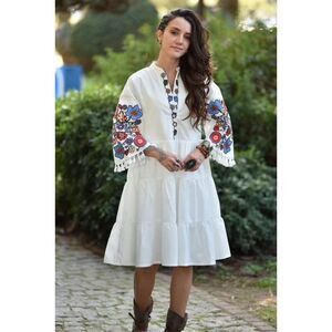 By ESQ White Boho Embroidered Peasant Dress Tassel Sleeve Tiered Midi SZ L